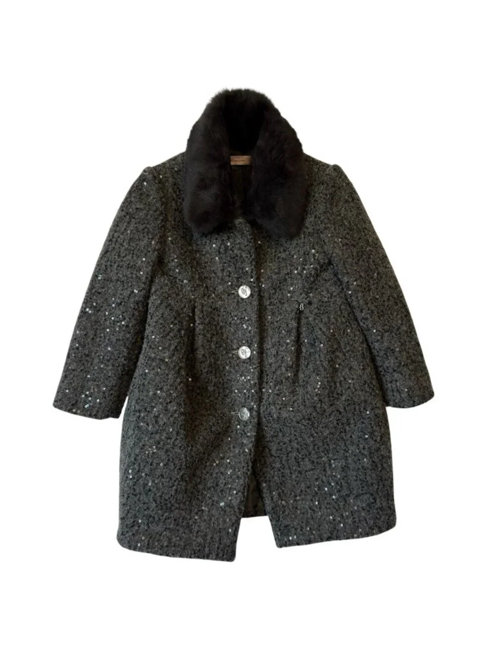 Blumarine Girls 3T Coat Wool Blend Black w Logo Detachable Faux Fur Collar Italy - Picture 3 of 16